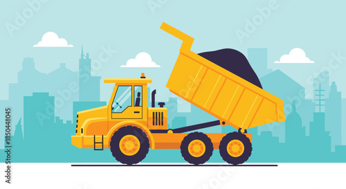 Powerful yellow dump truck unloading materials on a construction site with a modern city skyline silhouette in the background.