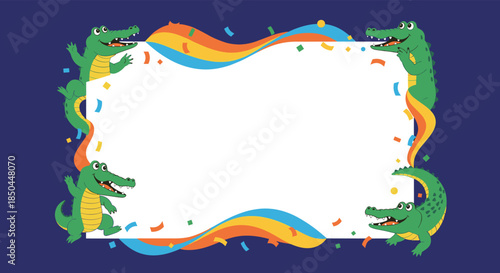 Fun and festive party frame with four cute cartoon crocodiles, colorful ribbons, and confetti on a dark blue background for events.