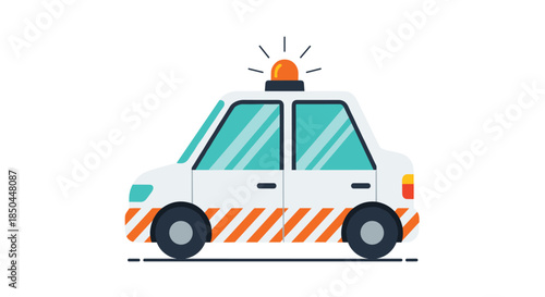 Simple and cute cartoon police car illustration with a flashing orange siren and striped markings, isolated on a white background.