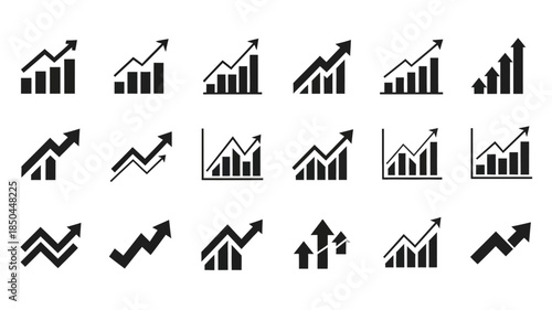 Black icons of growing graphs and charts with arrows on white background