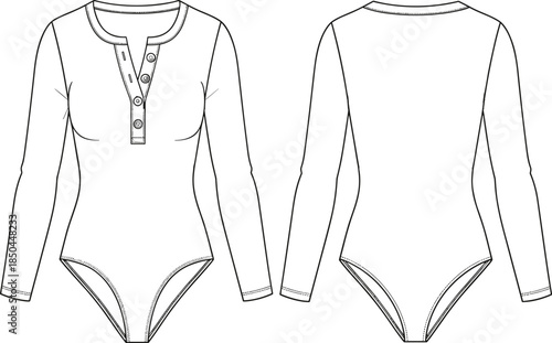 Fashion vector technical drawing illustration of a women's fitted long-sleeve bodysuit featuring a scoop neckline and functional henley button placket.