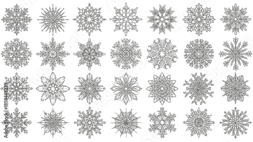 Intricate snowflakes on white background for winter designs