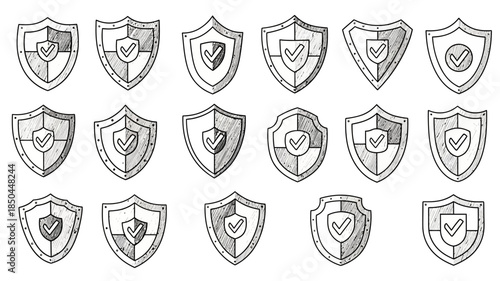 Collection of various shield icons with heart and sword designs