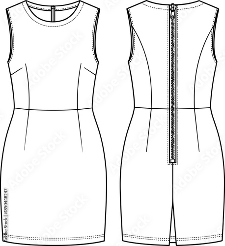 Fashion vector technical drawing illustration of a women's fitted sleeveless sheath dress with princess seams and a prominent exposed back zipper detail.