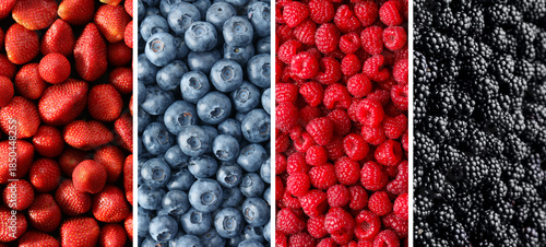 Collage of different fresh berries. Strawberries, blueberries, raspberries and blackberries