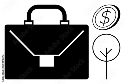 Finance, business strategy, investment, economic growth, wealth management, sustainability. Black briefcase with dollar coin and tree symbols. Finance and investment-related