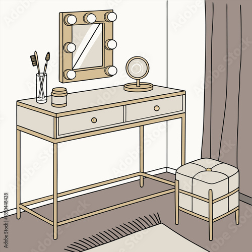Elegant Vanity Table with Lighted Mirror and Stool.