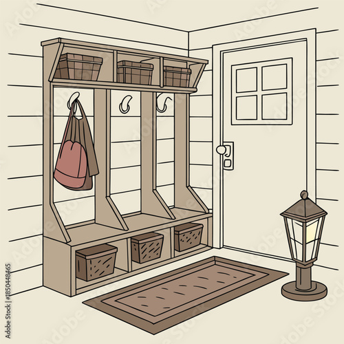 Entryway Hall Tree with Baskets and Hooks.