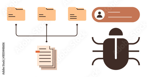 File folders linked to a document, user information card, and bug icon symbolizing data threats. Ideal for cybersecurity, hacking, data protection, malware, privacy, IT and security operations
