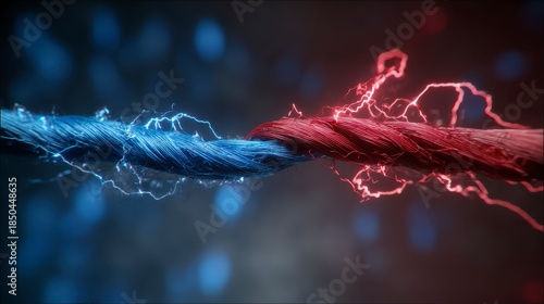Close-up of intertwined blue and red cords, sparking with electrical energy, suggesting conflict, unity, or connection on a dark background