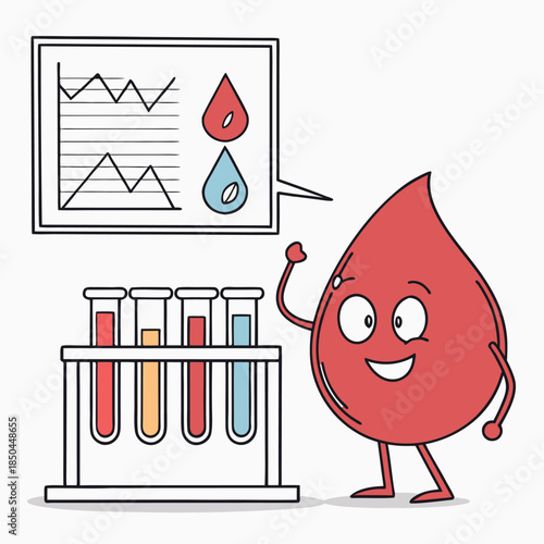 Happy Blood Drop Character with Medical Test Tubes and Chart.