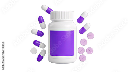 Pills and Medicine Bottle Isolated on White Background