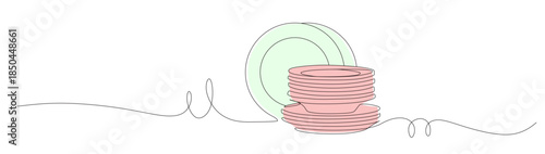 Continuous line art of a stack of neatly arranged plates. Vector illustration with color.