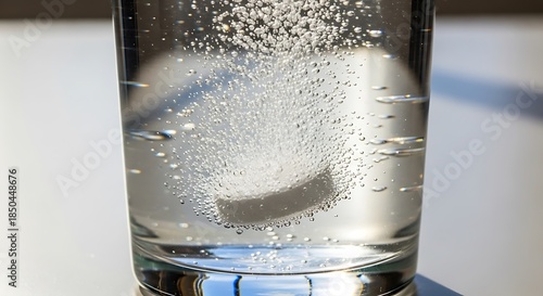 Effervescent Tablet Dissolving in a Glass of Water with Bubbles.