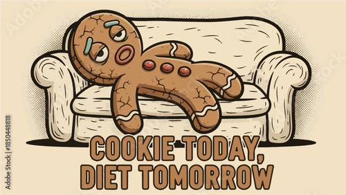 Funny lazy gingerbread man lying on sofa with "Cookie Today, Diet Tomorrow" procrastination quote illustration