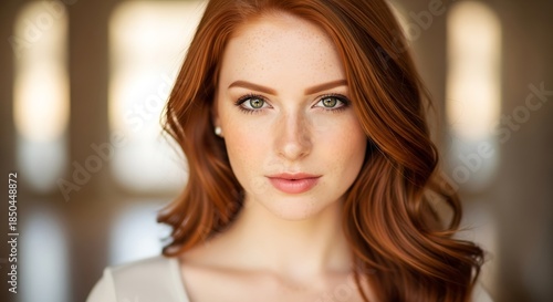 Beautiful Young Woman with Long Wavy Red Hair and Green Eyes.
