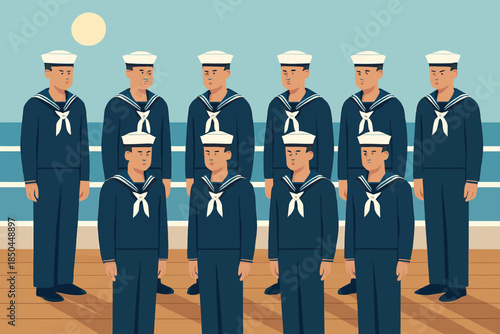 Group of sailors in uniform standing on a ship deck.