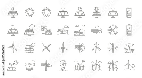 Set of HandDrawn Icons Representing Renewable Energy Sources and Concepts. Vector Illustrations. EPS Editable