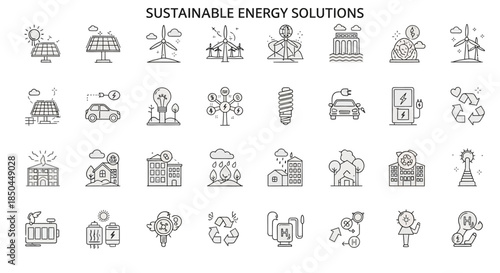 Sustainable Energy Solutions Icons Set Renewable Power Generation and EcoFriendly Technologies. Vector Illustrations. EPS Editable