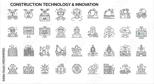 Construction Technology and Innovation Icons Set. Vector Illustrations. EPS Editable