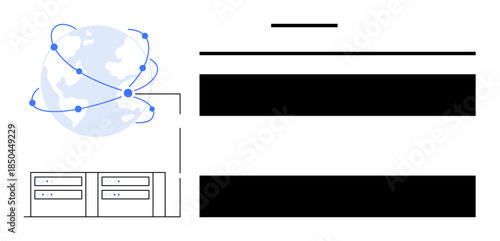 Globe connected by lines and nodes, linked to data servers, visualizing global networking, data storage, cloud computing, digital communication, online platforms, technology infrastructure, simple