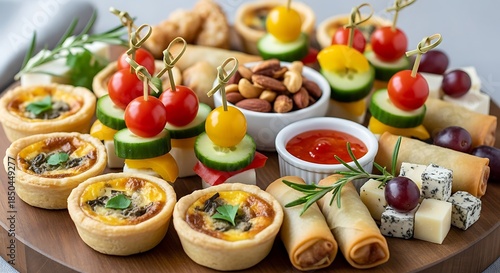 Delicious Appetizer Platter with Mini Quiches Spring Rolls and Cheese.