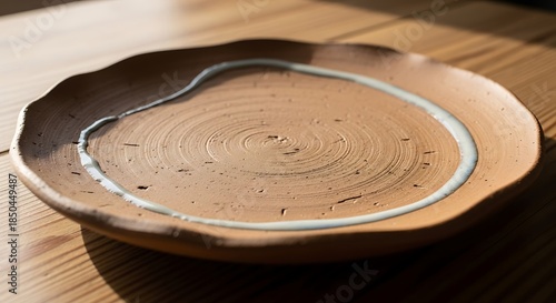 Handmade Ceramic Plate with Rustic Texture on Wooden Table.