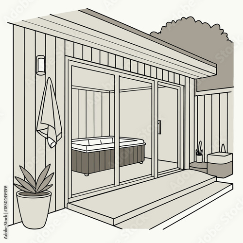 Modern backyard spa room with hot tub and sliding glass doors.