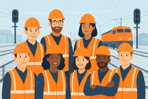Diverse Group of Railway Workers in Safety Gear.