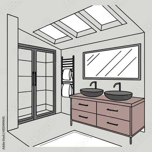 Modern Bathroom Vanity with Double Sinks and Shower.