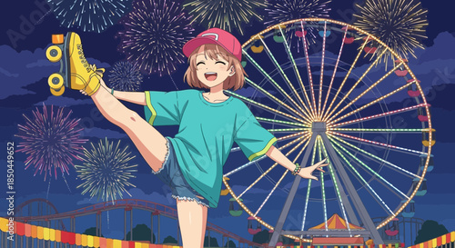 Young Woman Roller Skating at Night 1.