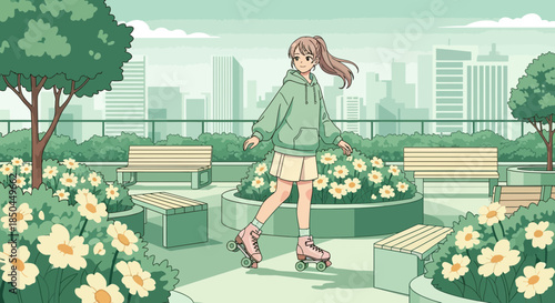 Young Woman Roller Skating in Park.