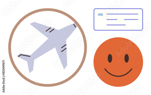 Gray airplane encircled, ticket outline, orange happy face emphasizing travel, booking, vacation. Ideal for tourism, transportation, positivity customer service happiness aviation. Simple flat