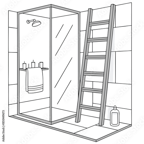 Modern Bathroom Shower Stall with Ladder and Toiletries.