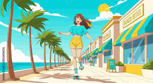 Young Woman Roller Skating on Promenade.