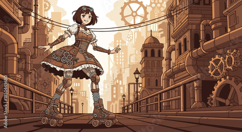 Young Woman Roller Skating in Steampunk Outfit.