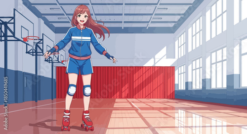 Young Woman Rollerblading in Basketball Court.