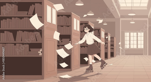 Young Woman Running Through Office Filing.