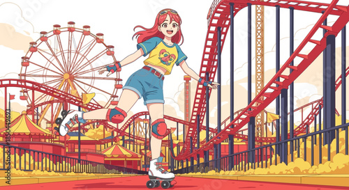Young Woman Skateboarding at Amusement Park.