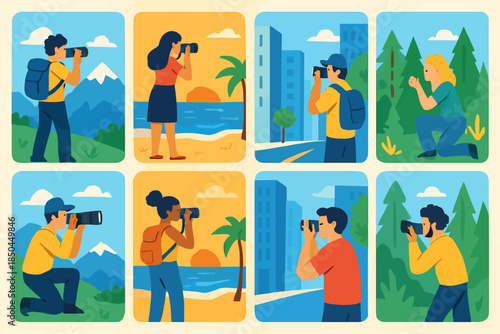 Diverse Group of Photographers Capturing Moments in Various Settings.