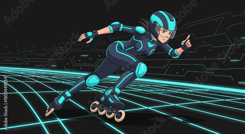Futuristic Woman Rollerblading with Neon Lights.