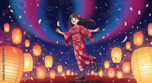 Woman in Traditional Japanese Kimono Dancing.