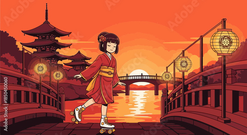 Woman in Traditional Japanese Kimono Walking 1.