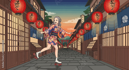 Woman in Traditional Japanese Kimono Running.
