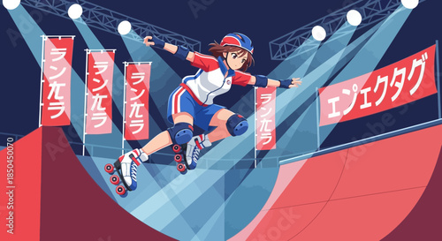 Woman Inline Skating Down Stairway.