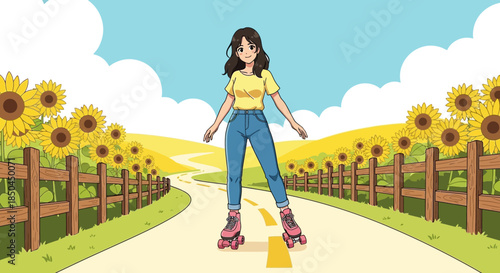 Woman Riding Roller Skates on Road.