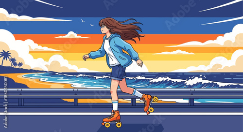 Woman Roller Skating Along Beachside Promenade.