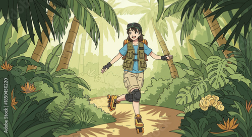 Young Female Explorer Running Through Jungle.