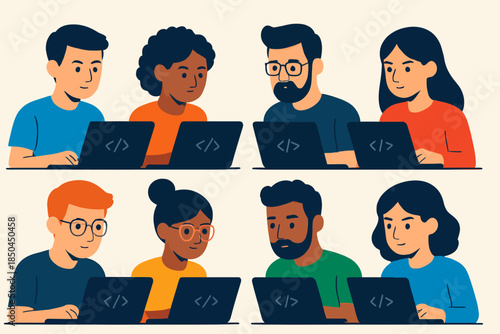 Diverse Group of Developers Collaborating on Laptops in a Modern Office Setting.