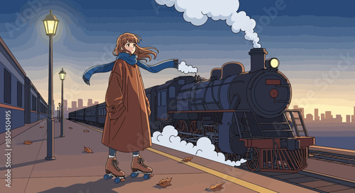 Young Girl Waving at Train Departure.